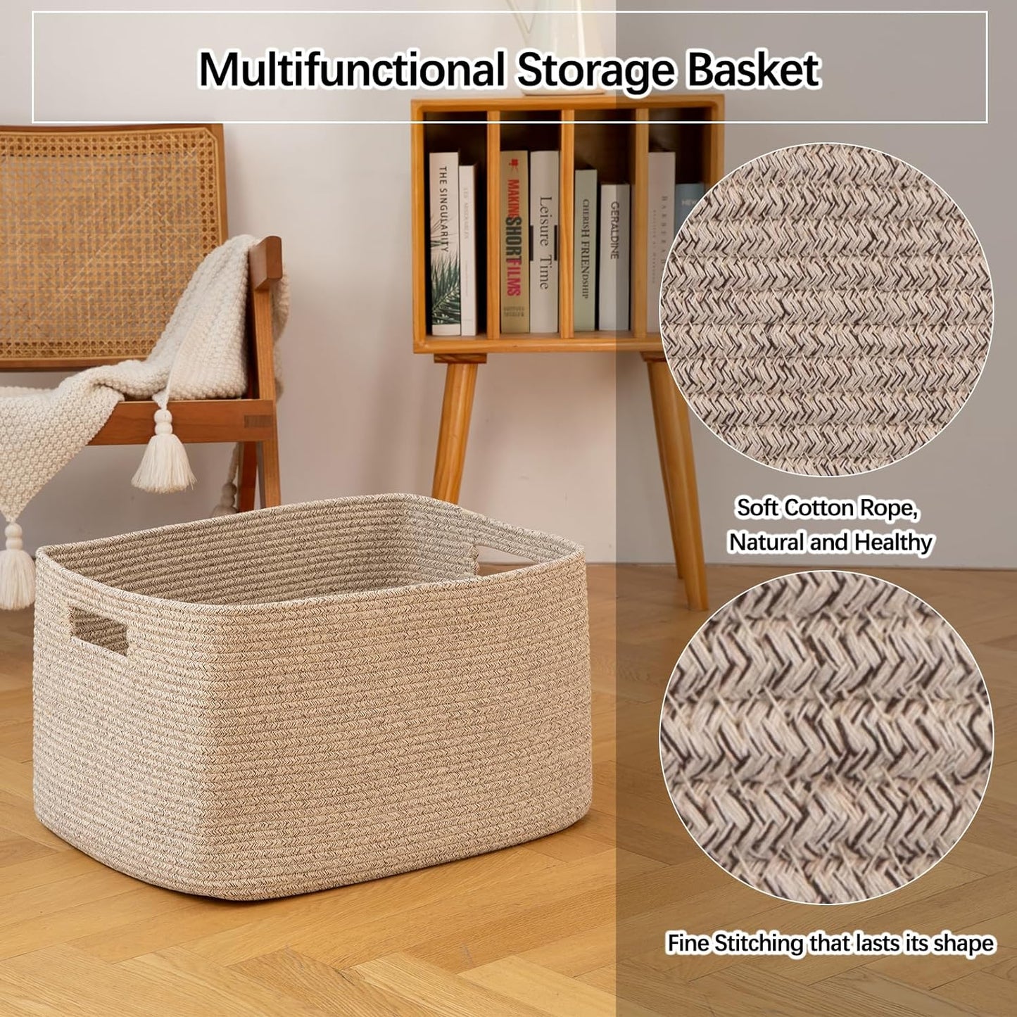 OIAHOMY 75L Large Woven Cotton Rope Storage Basket - Stylish Organizer for Blankets & Toys | Brown Variegated 22”x17”x12”