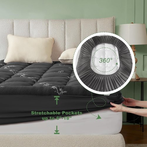 BEDLORE Queen Mattress Topper - Soft Viscose Bamboo Pillow Top for Back Pain Relief | Fits 6-18 Inch Mattresses - Dark Gray