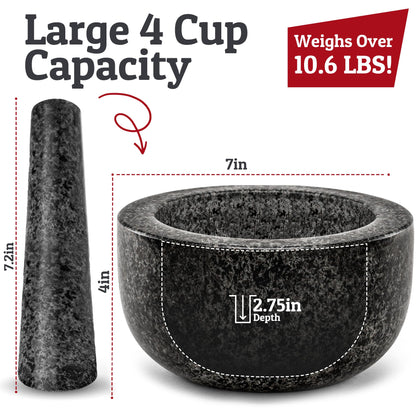 Heavy Duty Large Mortar and Pestle Set,100% Granite, Non Slip Base, Make Fresh Guacamole, Salsa, Pesto, Stone Grinder Bowl, Herb Crusher, Spice Grinder, 4 Cup, Black