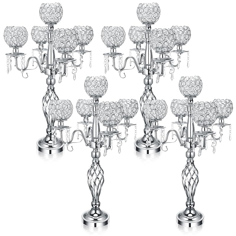 5-Arm Crystal Candelabras Set, 27 Inch - Silver Finish (4 Pieces) - Variation: Silver+4
