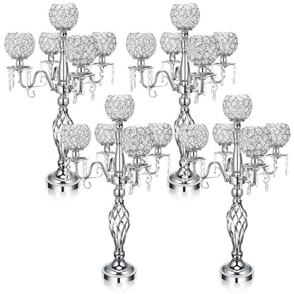 5-Arm Crystal Candelabras Set, 27 Inch - Silver Finish (4 Pieces) - Variation: Silver+4