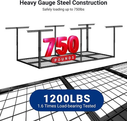 FLEXIMOUNTS 3x8 Overhead Garage Storage Rack - Adjustable Heavy-Duty Metal System | 750lbs Capacity, Black