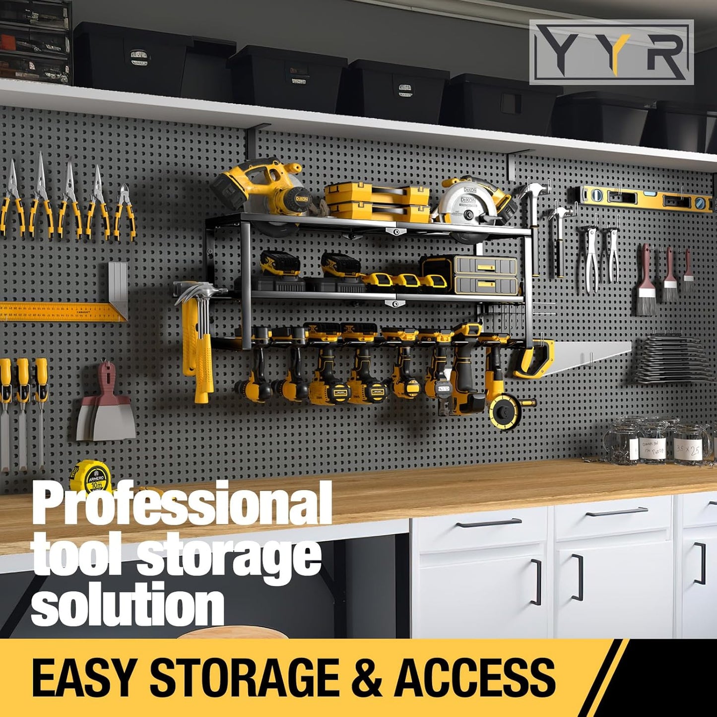 YYR Heavy Duty Power Tool Organizer - Wall Mount Cordless Drill Hanger with Charging Station | 32 Inch, 8 Slots for Garage & Workshop