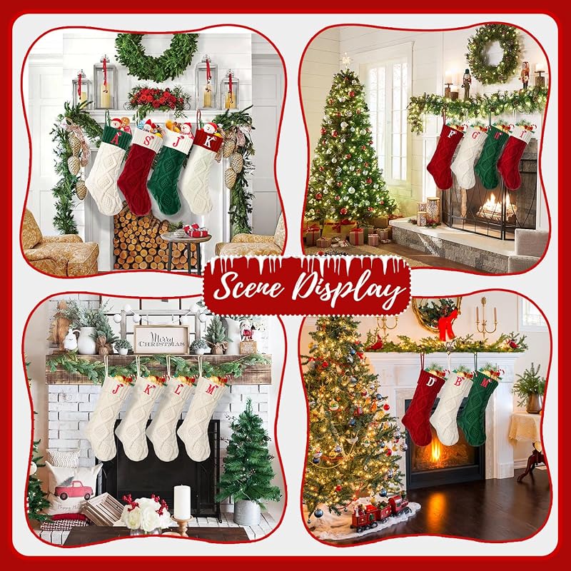 Large 18'' Embroidered Monogram Knit Christmas Stocking - Green White, Letter T