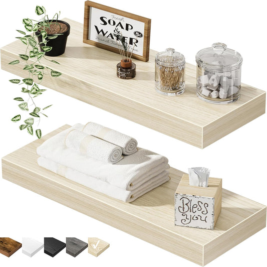 QEEIG Floating Bathroom Shelves - Wall-Mounted Farmhouse Decor | Set of 2, 15.7" x 6.7", Natural Finish