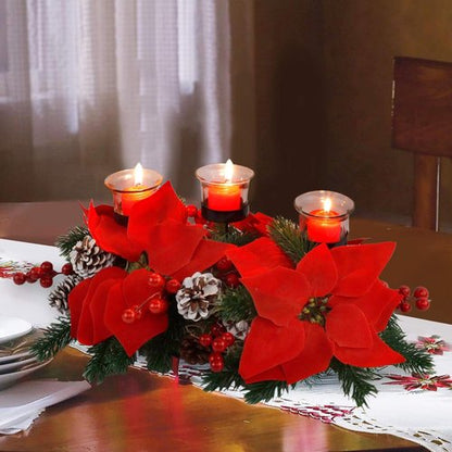FORUP Christmas Centerpiece - Elegant Poinsettia Tabletop Decor with 3 Candle Holders for Home Parties