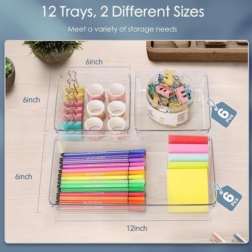 Clear Plastic Drawer Organizer Set by [Brand Name] - 12 Pack Non-Slip Storage Bins for Makeup, Kitchen & Office