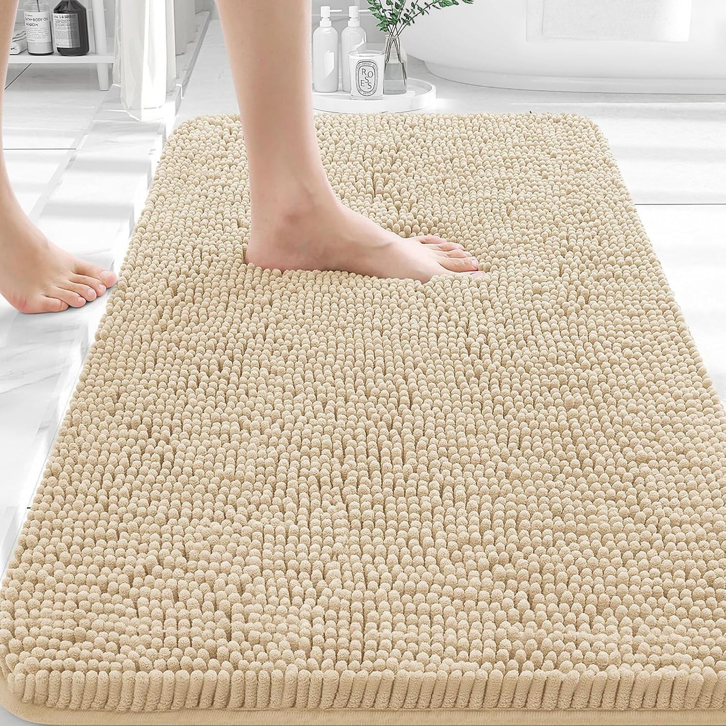 OLANLY Bathroom Rugs - Extra Soft Chenille Bath Mats with Rubber Backing | 35x24, Quick Dry, Beige