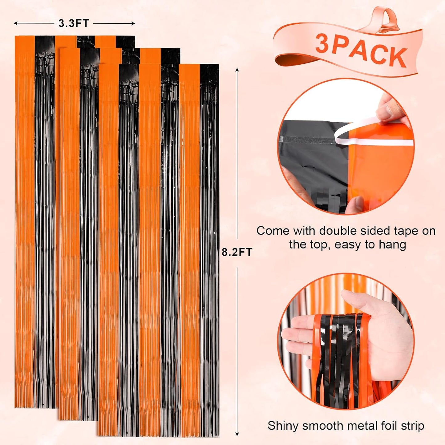 Voircoloria 3 Pack Black & Orange Foil Fringe Backdrop Curtains - Tinsel Streamers for Parties & Events