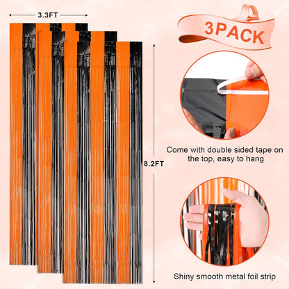 Voircoloria 3 Pack Black & Orange Foil Fringe Backdrop Curtains - Tinsel Streamers for Parties & Events