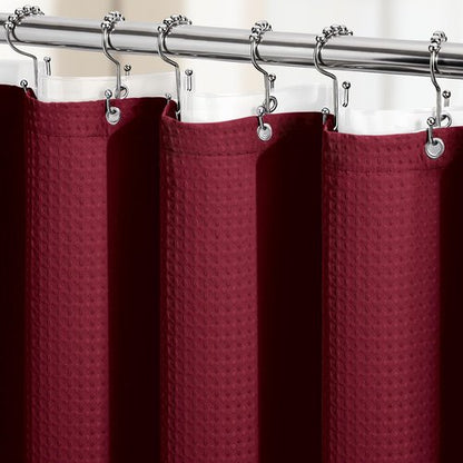 Dynamene Extra Long Shower Curtain and Liner Set - 96 inch Tall Waffle Fabric, Waterproof Clear Liner, Heavy Duty Weighted Hotel Luxury Cloth Shower Curtains for Bathroom, 12 Hooks, 72x96, Burgundy
