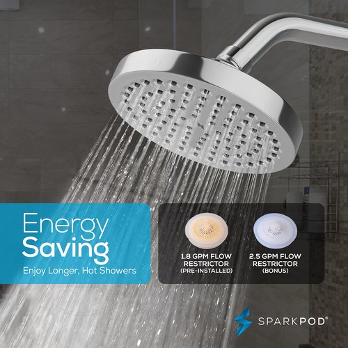 SparkPod 6" High Pressure Rain Shower Head with 9" Shower Arm - High Pressure Rain - Luxury Modern Look - Rainfall Experience - No Hassle Tool-less 1-Min Installation (Luxury Polished Chrome)