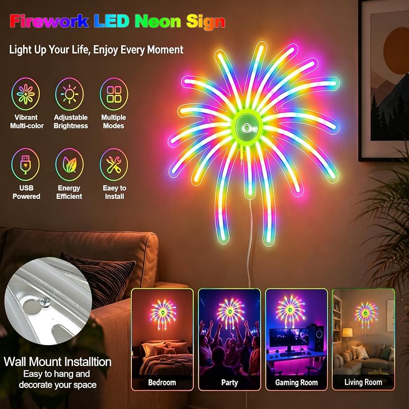 Fireworks Neon Sign LED Dimmable RGB IC Lights USB Powered for Party Decor