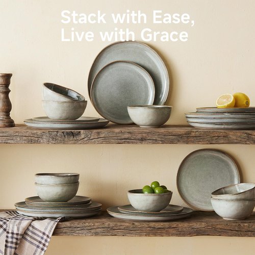 KINGSTONE 24-Piece Stoneware Dinnerware Set - Handcrafted Rustic Porcelain Plates & Bowls for 8 | Scratch Resistant, Microwave & Dishwasher Safe, Grey