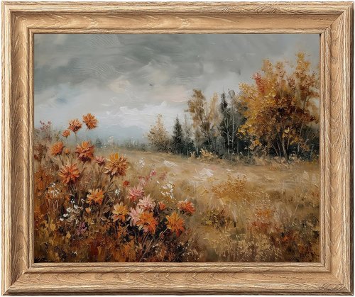 Framed Vintage Canvas Wall Art - Rustic Wildflower Meadow Landscape Painting 8x10 for Farmhouse Decor