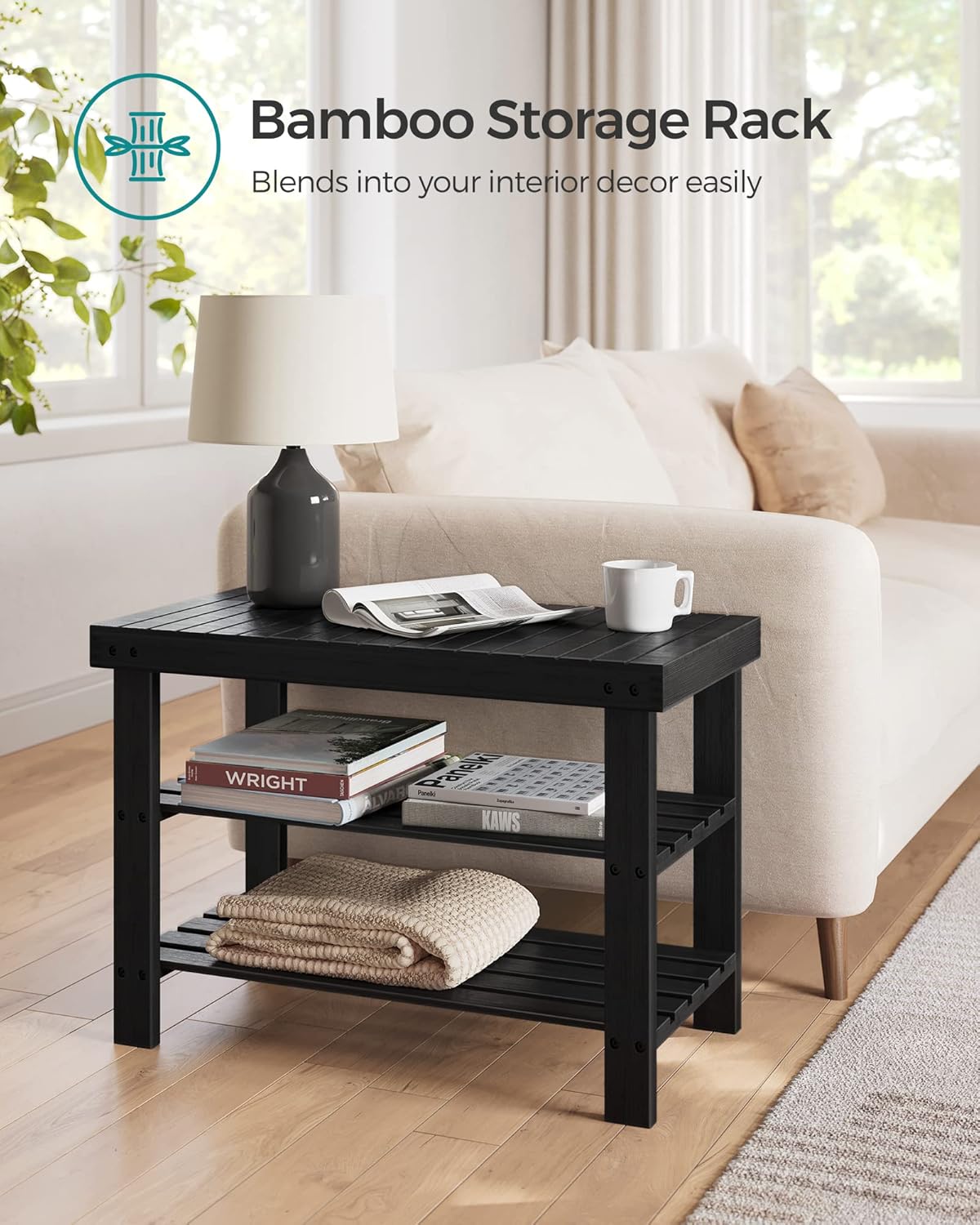 SONGMICS Shoe Rack Bench - 3-Tier Bamboo Storage Organizer | Holds 286 lb - Ink Black, 11.3 x 27.6 x 17.8 Inches