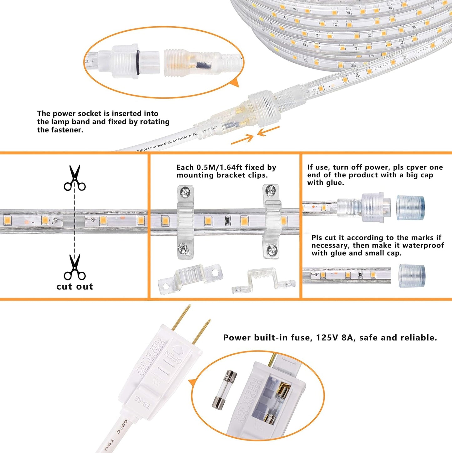 SURNIE LED Rope Lights - 50ft Waterproof Warm White Outdoor Lighting | Flexible & Cuttable for Deck, Patio, Christmas Decor