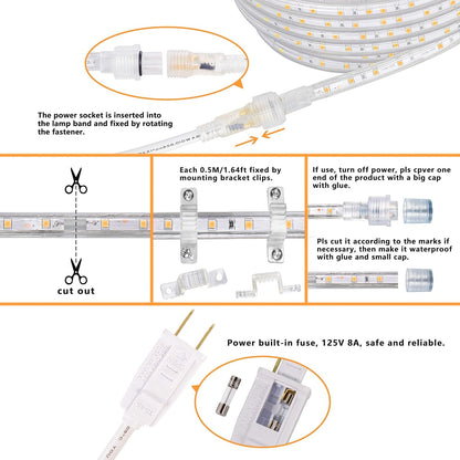 SURNIE LED Rope Lights - 50ft Waterproof Warm White Outdoor Lighting | Flexible & Cuttable for Deck, Patio, Christmas Decor