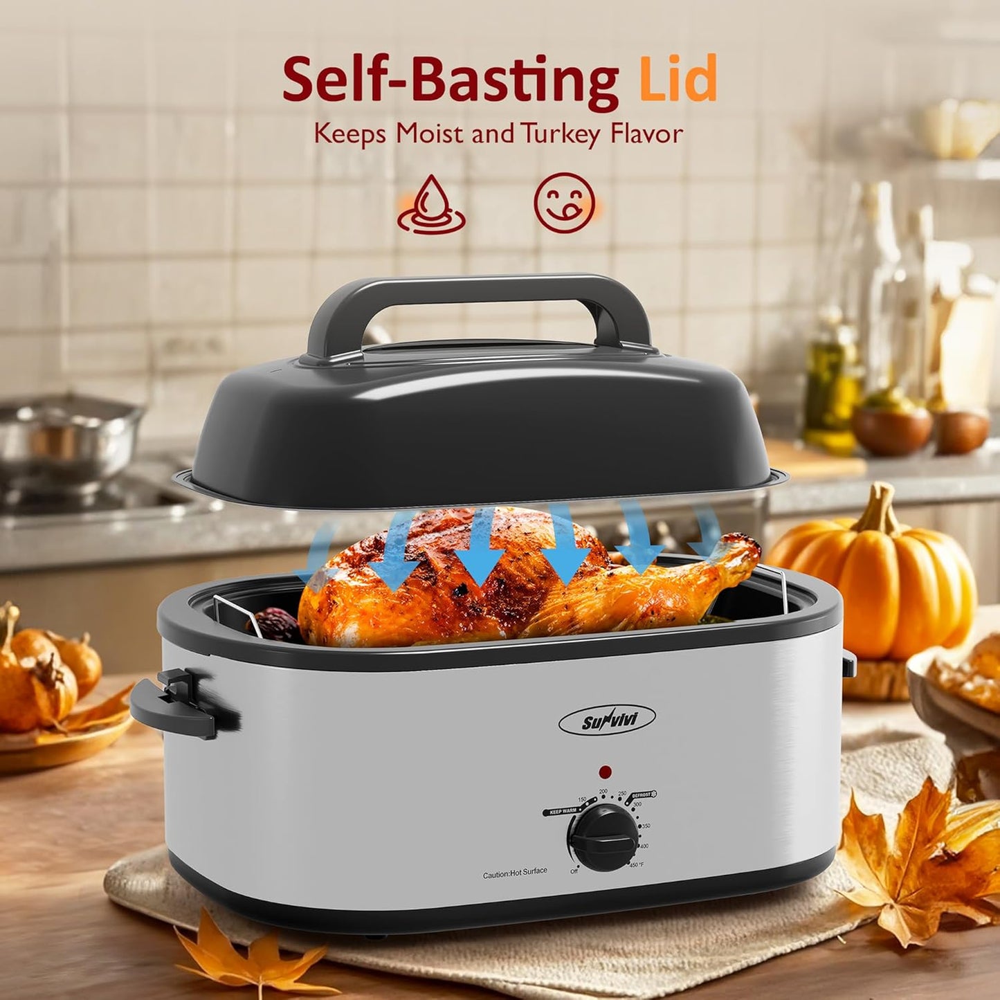 Sunvivi Electric Roaster Oven - 24 Quart Turkey Roaster with Self-Basting Lid & Removable Pan | Stainless Steel Silver