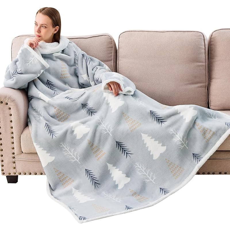 Wearable Blanket with Sleeves - Oversized Snuggle Robe with Christmas Tree Design - 53" x 69"