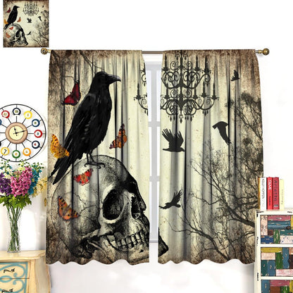 JanJCurt Halloween Skull Curtains, Vintage Newspaper Misty Forest Gothic Scary Black Crow Print Thermal Insulation Blackout Window Treatments for Kids Boys Bedroom Living Room, W42xL45in