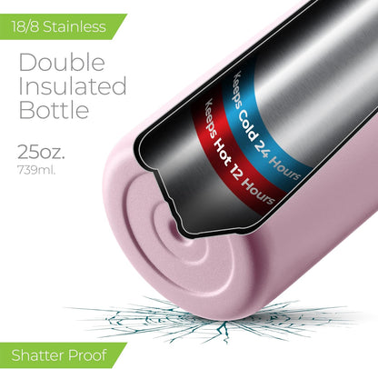 SIPX™ Insulated Water Bottle - 25 oz Leakproof Stainless Steel, Triple Insulated - Cold 24H/Hot 12H - Light Pink