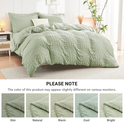 HYMOKEGE Comforter Set - Luxury Light Green Seersucker 7-Piece Bedding Set | All-Season Full Size