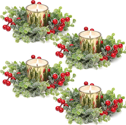 Regine Switzerland Christmas Candle Ring - 4 Pcs Gold Votive Candles with Red Berry Wreath for Holiday Centerpiece