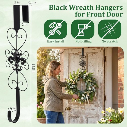 **Regine Switzerland Heavy-Duty Metal Wreath Hangers - Elegant 15.5-Inch Door Hooks for Indoor/Outdoor Decor (Black)**