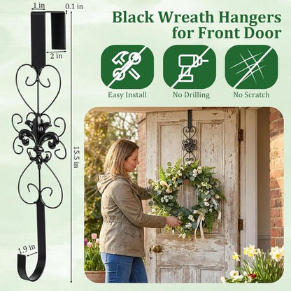 **Regine Switzerland Heavy-Duty Metal Wreath Hangers - Elegant 15.5-Inch Door Hooks for Indoor/Outdoor Decor (Black)**