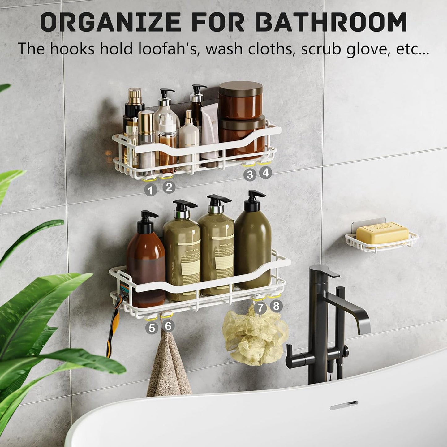 OMAIRA Shower Caddy - 3-Pack Adhesive Organizer with Soap Holder for Smooth Walls & Glass Tiles, White