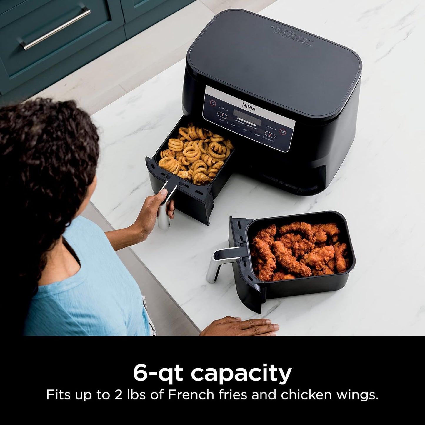 Ninja DZ090 Foodi 6 Quart Air Fryer - 5-in-1 DualZone with 2 Baskets for Quick Snacks & Meals - Black