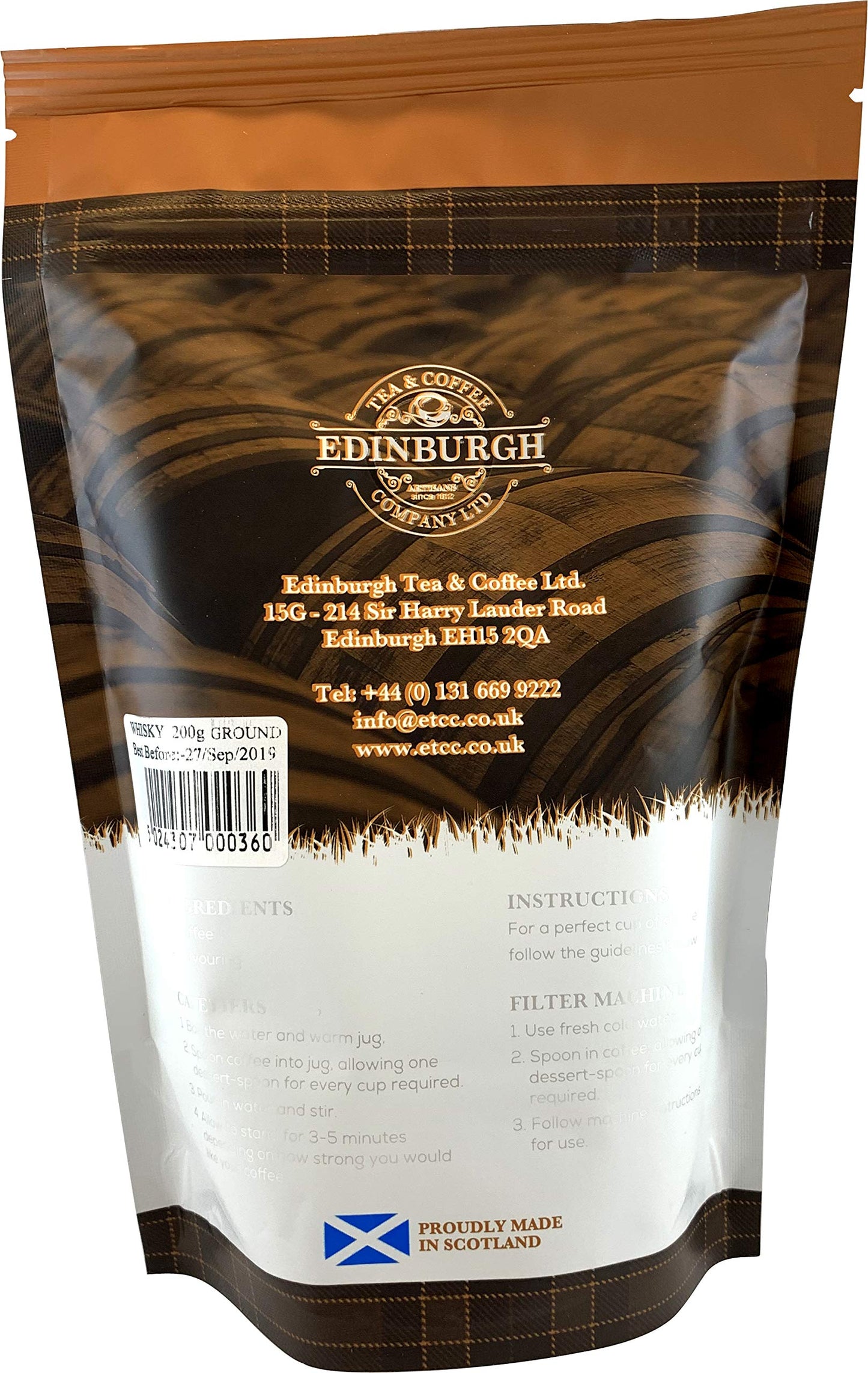 Edinburgh Tea & Coffee Company, Whisky Flavored Ground Coffee, 8 Ounce Bag