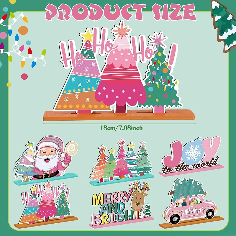 Pastel Pink Christmas Wooden Table Decorations - 6 Pcs Holiday Centerpieces