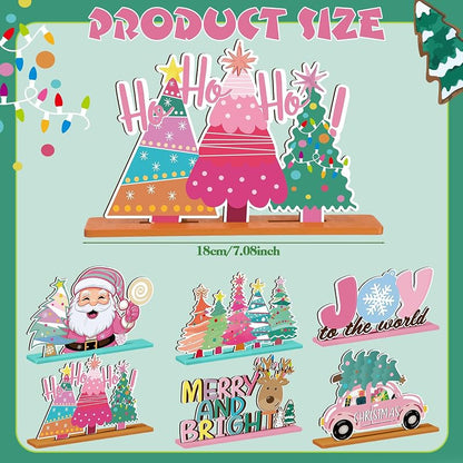 Pastel Pink Christmas Wooden Table Decorations - 6 Pcs Holiday Centerpieces