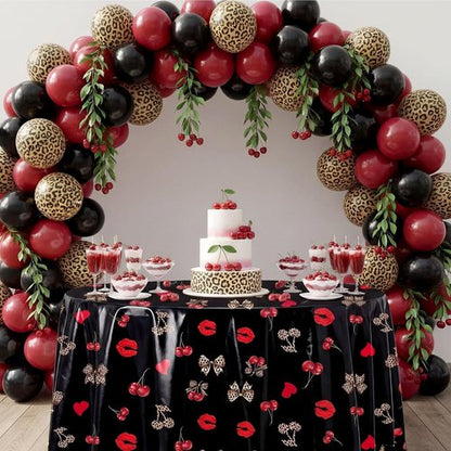 Ganeen 6 Pcs Cheetah Cherry Plastic Tablecloths - 84 Inch Red & Black Leopard Design for Parties & Events