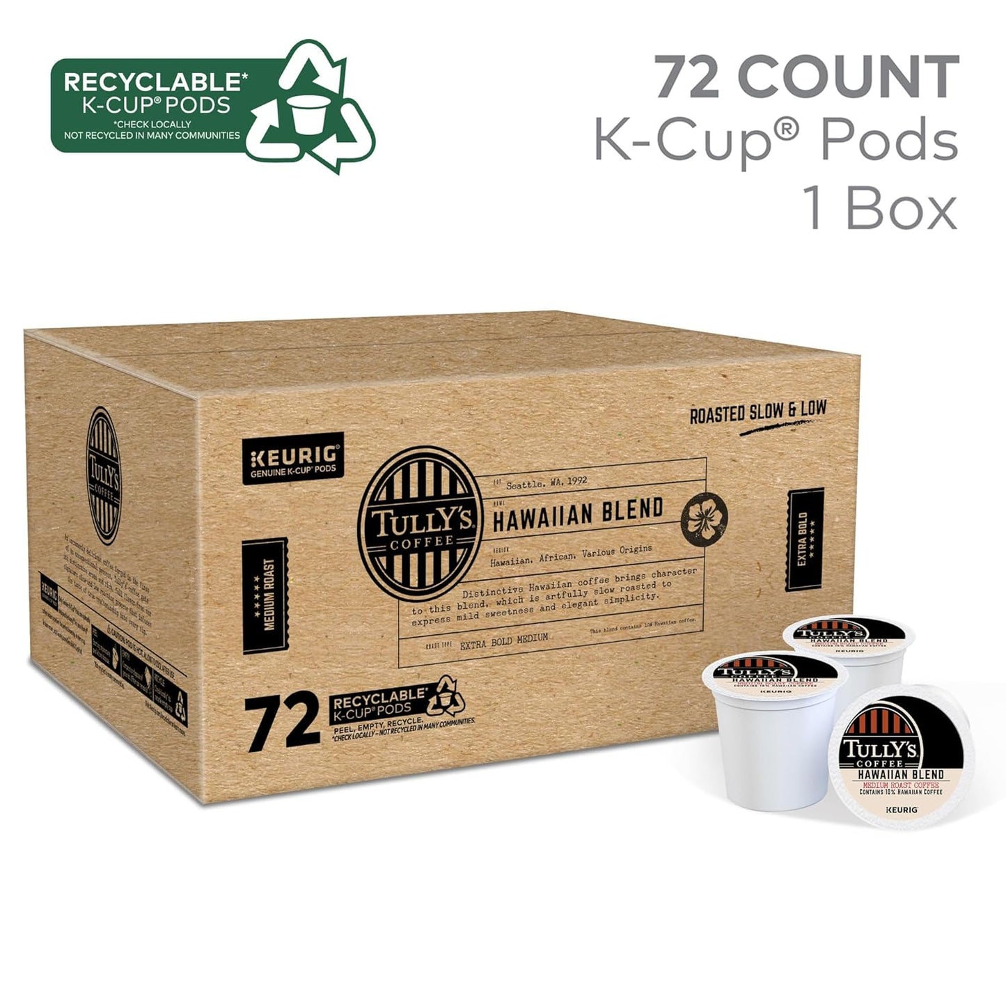 Tully's Coffee Hawaiian Blend K-Cup Pods - Medium Roast, 72 Count | Perfect for Keurig Machines