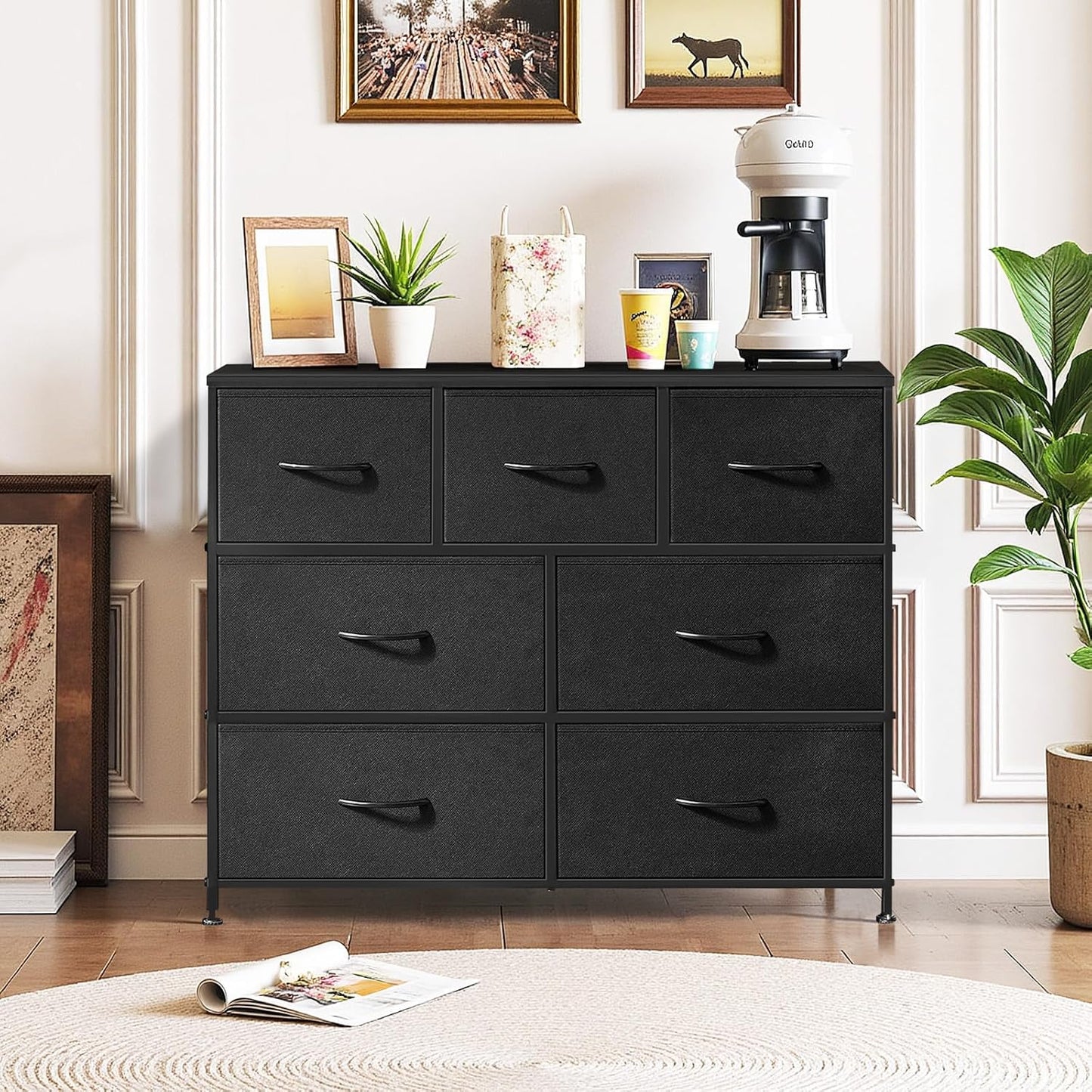 Skiennix 7-Drawer Dresser - Anti-Tip Storage Organizer with Wooden Top | Black Fabric Chest for Bedroom & Living Room