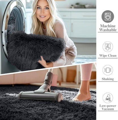 OLANLY Soft Fluffy Shaggy Bedside Rug - Machine Washable 3x3 ft | Perfect for Bedroom & Nursery Decor, Black