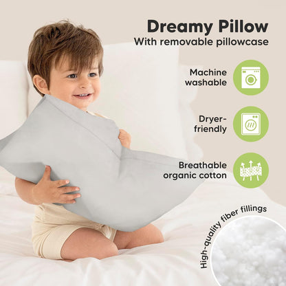 My Little Dreamy Toddler Pillow - Organic Cotton Travel Bed Pillow with Soft Pillowcase | 13x18, Machine Washable, French Gray, Ideal for Ages 2-5