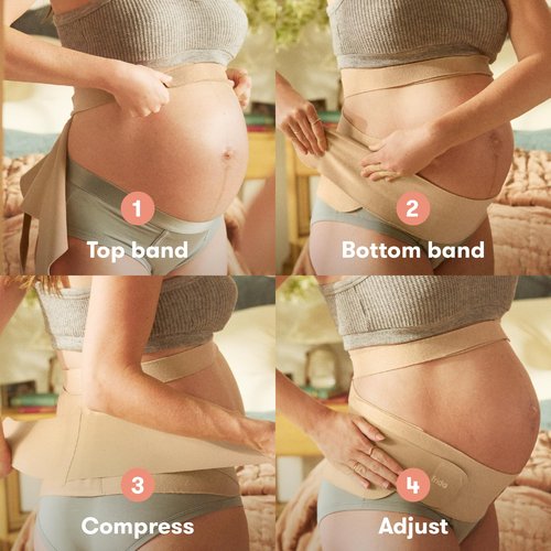 Frida Mom Dual Support Pregnancy Belly Band S/M, Maternity Belly Band with Ultimate Support Back, Hip & Pelvic, Adjustable, Lightweight, Breathable & Comfy, Supports Bump as Baby Grows, Clay