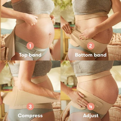 Frida Mom Dual Support Pregnancy Belly Band S/M, Maternity Belly Band with Ultimate Support Back, Hip & Pelvic, Adjustable, Lightweight, Breathable & Comfy, Supports Bump as Baby Grows, Clay