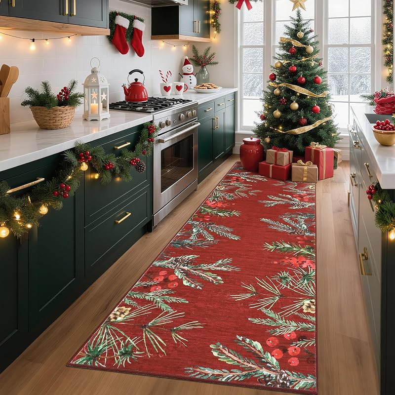 Pinecone-Red 2' x 6' Christmas Runner Rug - GarveeHome, Non-Slip, Washable