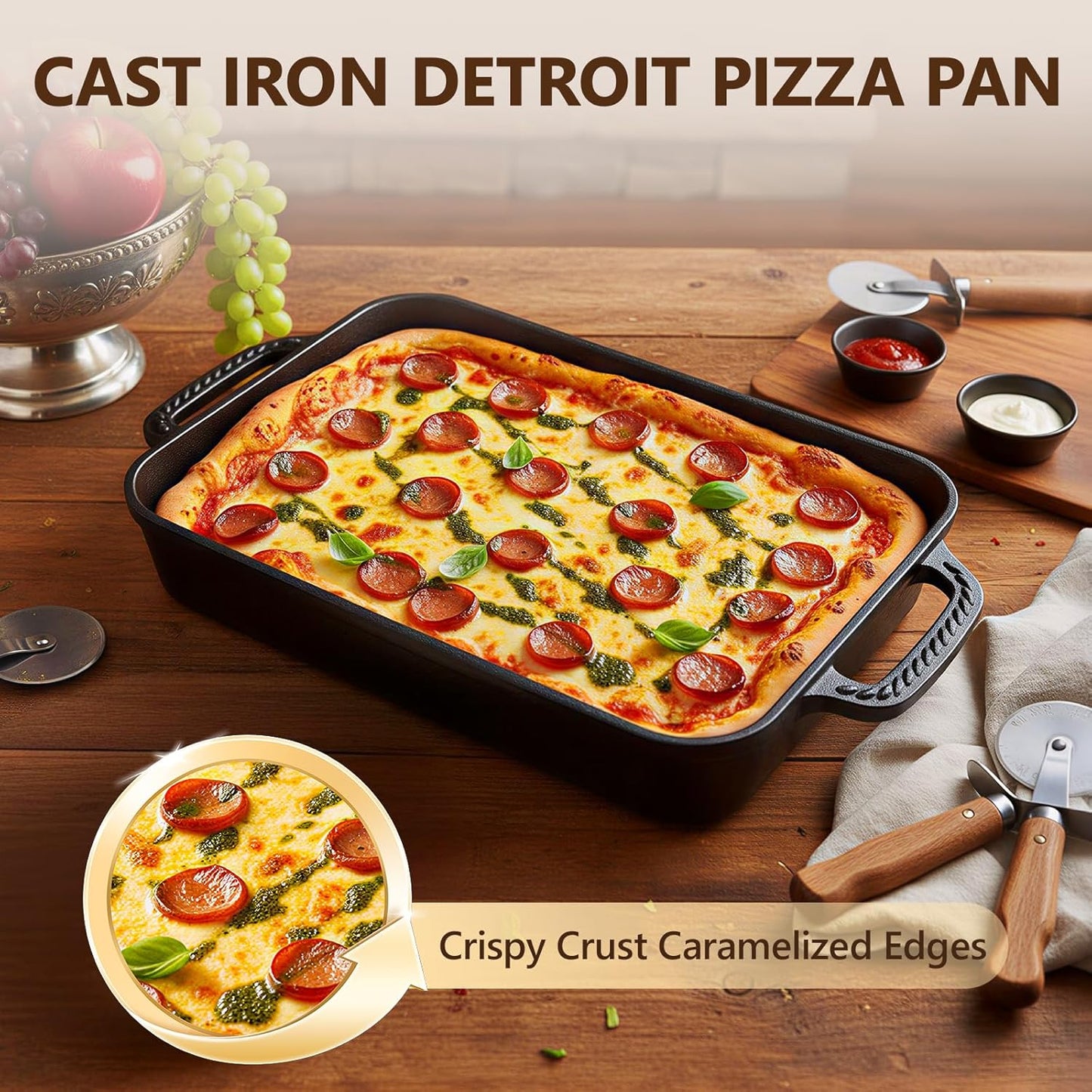 Cast Iron Detroit Pizza Pan - 9x13 Inch Pre-Seasoned Deep Dish for Casserole, Focaccia & Lasagna
