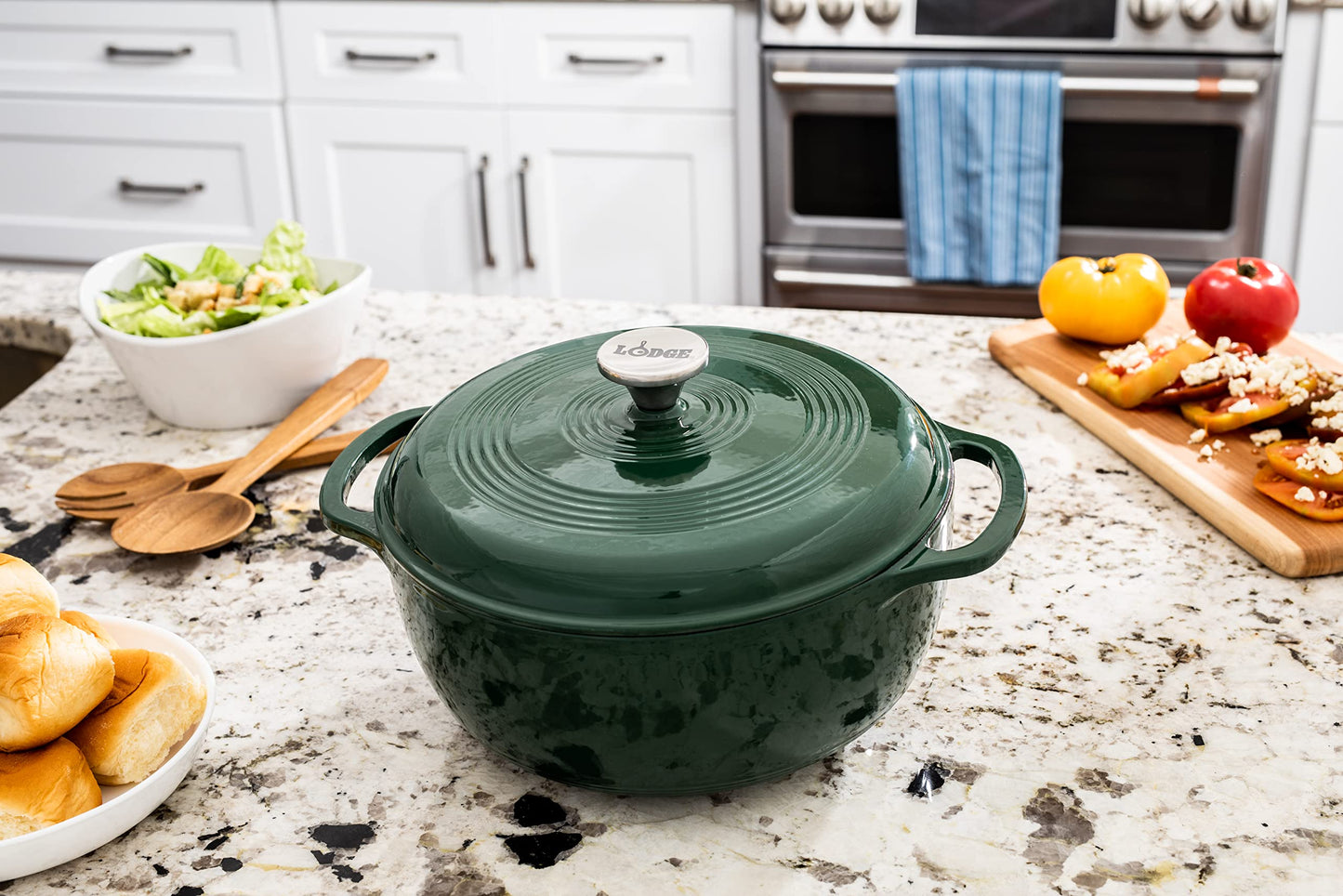 Lodge 6 Quart Enameled Cast Iron Dutch Oven with Lid – Dual Handles – Oven Safe up to 500° F or on Stovetop - Use to Marinate, Cook, Bake, Refrigerate and Serve – Evergreen