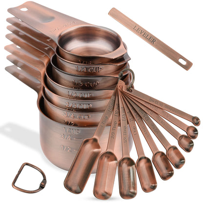 Viwehots Measuring Cups and Spoons Set, Copper Plated Measuring Cups Spoons, Stainless Steel 7 Measuring cups and 9 Measuring Spoons 1 Leveler for Baking and Kitchen, Metal Copper Measure Cups&Spoons