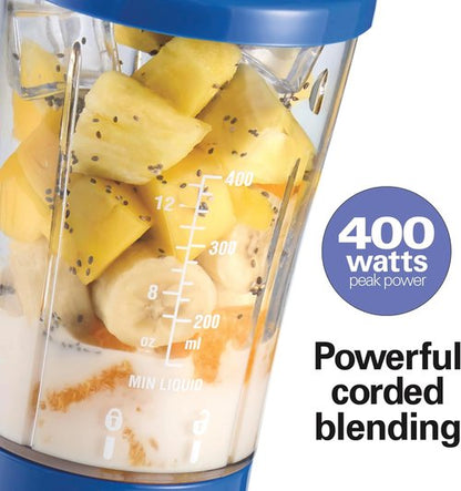 Hamilton Beach Portable Blender - 14 Oz BPA-Free Travel Cup & Lid | Durable Stainless Steel Blades, Blue