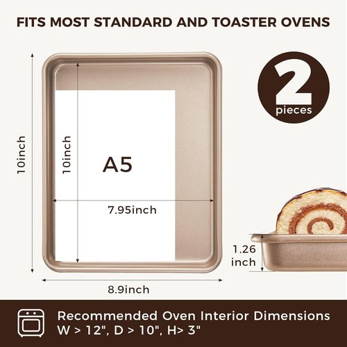 HONGBAKE Non-Stick Toaster Oven Pans - 2 Pack 11 x 9 Inch Heavy-Duty Baking Sheets | Easy to Clean, Gold