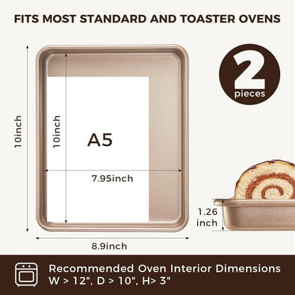 HONGBAKE Non-Stick Toaster Oven Pans - 2 Pack 11 x 9 Inch Heavy-Duty Baking Sheets | Easy to Clean, Gold