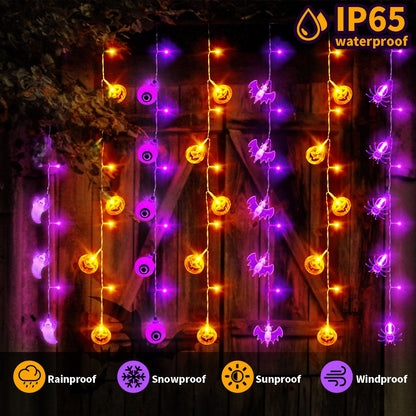 (USB Plug & Solar Power 2 in 1) Solar Halloween Curtain String Lights, 8 Modes Solar Halloween Lights Decorations for Outdoor, USB Halloween Lights Decor for Indoor (Ghost+Pumpkin+Eyeball+Bat+Spider)